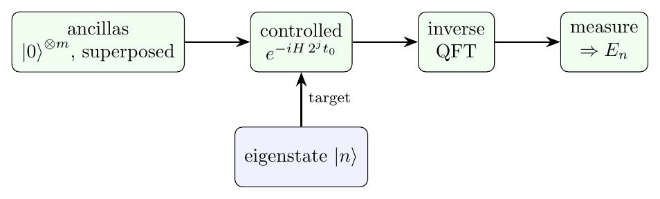 Quantum phase estimation, schematically. Ancillas in superposition apply controlled powers of the propagator to an eigenstate, imprinting its eigenphase across the register; an inverse quantum Fourier transform converts the imprinted phase into a measured estimate of the eigenvalue.